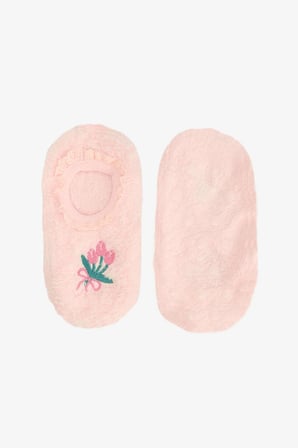 Açık Pembe Kız Çocuk Çiçek Desenli Nakışlı Kaymaz Taban Ev Patiği