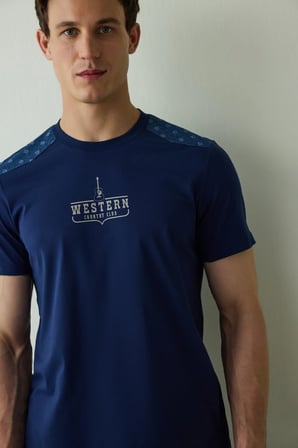 İndigo Erkek Western Sloganlı Kısa Kollu Pamuklu Pijama Takımı