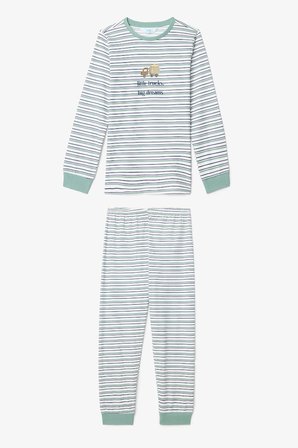 Kırık Beyaz Erkek Çocuk Little Truck Çizgili Pamuklu Uzun Kollu 2'li Pijama Takımı