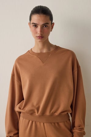 Açık Kahverengi Curvy Edge Bisiklet Yaka Oversize Crop Sweatshirt
