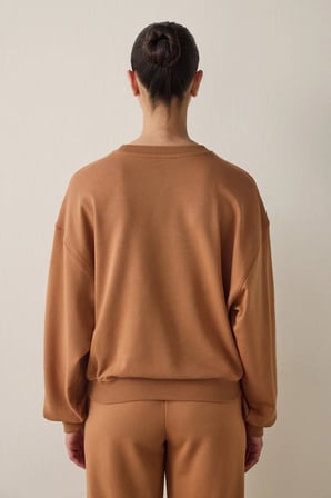 Açık Kahverengi Curvy Edge Bisiklet Yaka Oversize Crop Sweatshirt