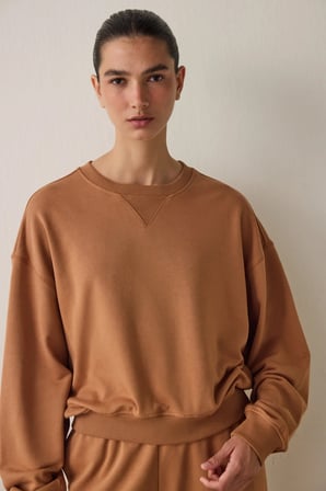 Açık Kahverengi Curvy Edge Bisiklet Yaka Oversize Crop Sweatshirt