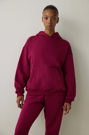 Mor Kapüşonlu Oversize Sweatshirt