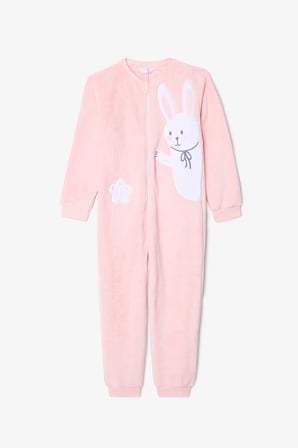 Gül Kurusu Kız Çocuk Bunny Tavşan Desenli Fermuarlı Yumuşacık Sıcacık Tulum