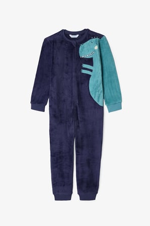 Koyu İndigo Erkek Çocuk Dino Fermuarlı Yumuşacık Sıcacık Pijama Tulumu