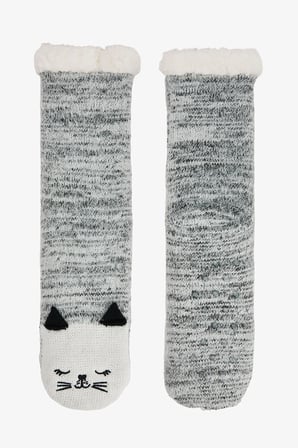 Kırık Beyaz Kedi Nakışlı Pofuduk Ev Patiği
