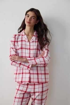 Gül Kurusu Modal Ekoseli Gömlek Yaka Düğmeli Pamuklu Pijama Takımı