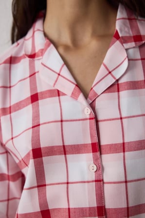 Gül Kurusu Modal Ekoseli Gömlek Yaka Düğmeli Pamuklu Pijama Takımı