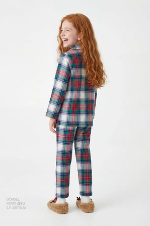 Unisex Çocuk Ekoseli Light Uzun Kollu Düğmeli Pamuklu Pijama Takımı