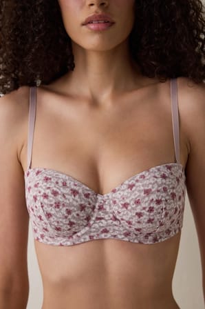 Bej Bloom Çiçek Desenli Dantelli Balenli Push Up Sütyen