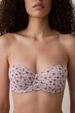 Bej Bloom Çiçek Desenli Dantelli Balenli Push Up Sütyen