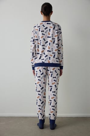 Açık Pembe Pijama Time Bisiklet Yaka Pamuklu Uzun Kollu Pijama Takımı