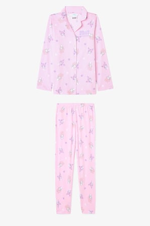 Açık Pembe Kız Çocuk Kuromi Friends Uzun Kollu Pamuklu Gömlek Pijama Takımı