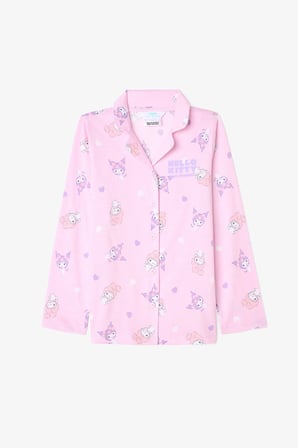 Açık Pembe Kız Çocuk Kuromi Friends Uzun Kollu Pamuklu Gömlek Pijama Takımı