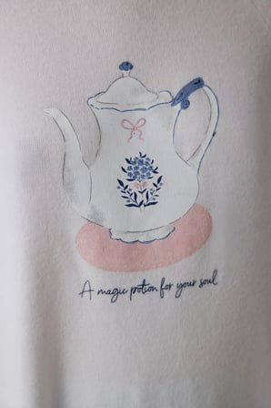 Kırık Beyaz Tea Time Bisiklet Yaka Termal Etkili Sweatshirt Pijama Üstü