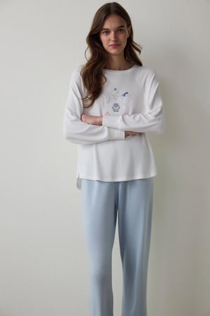 Kırık Beyaz Tea Time Bisiklet Yaka Termal Etkili Sweatshirt Pijama Üstü