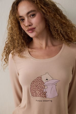 Bej Dreaming Leopar Desenli Bisiklet Yaka Uzun Kollu Pijama Üstü