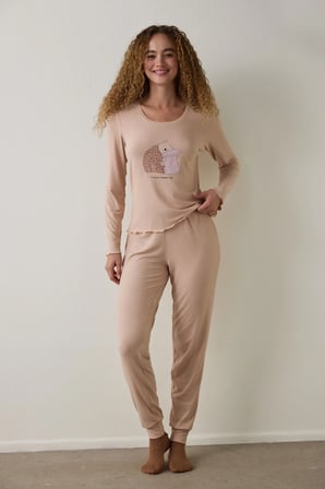 Bej Dreaming Leopar Desenli Bisiklet Yaka Uzun Kollu Pijama Üstü