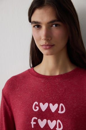Bordo Good Mood Slogan Baskılı  Termal Etkili Sweatshirt Pijama Üstü