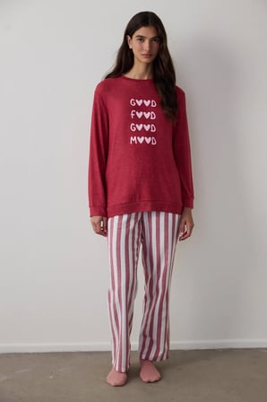 Bordo Good Mood Slogan Baskılı  Termal Etkili Sweatshirt Pijama Üstü