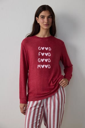Bordo Good Mood Slogan Baskılı  Termal Etkili Sweatshirt Pijama Üstü