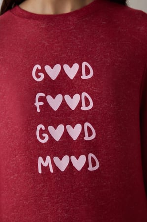 Bordo Good Mood Slogan Baskılı  Termal Etkili Sweatshirt Pijama Üstü