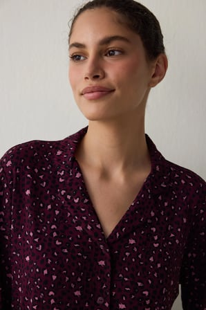 Bordo Leopar Desenli Fitilli Gömlek Yakalı Uzun Kollu Pijama Takımı