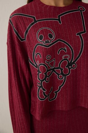 Bordo Kuromi Baskılı Uzun Kollu Termal Etkili Pijama Takımı