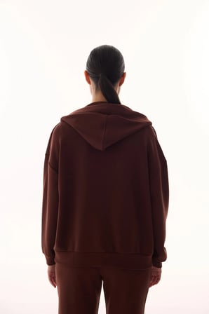 Kahverengi V Yaka Oversize Kapüşonlu Sweatshirt