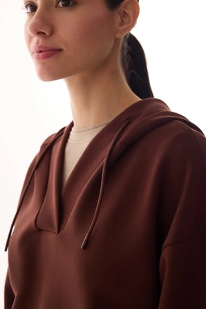 Kahverengi V Yaka Oversize Kapüşonlu Sweatshirt