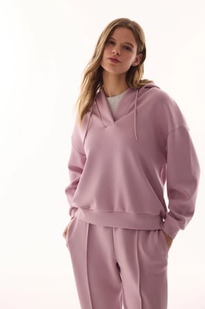 Lila V Yaka Oversize Kapüşonlu Sweatshirt