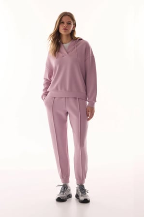 Lila V Yaka Oversize Kapüşonlu Sweatshirt