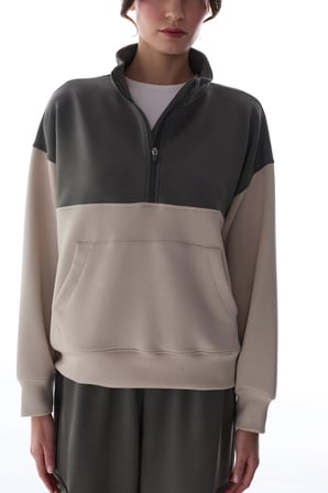 Haki İpeksi Dokunuş Silky Feel Fermuar Yaka Kanguru Cepli Uzun Kollu Sweatshirt