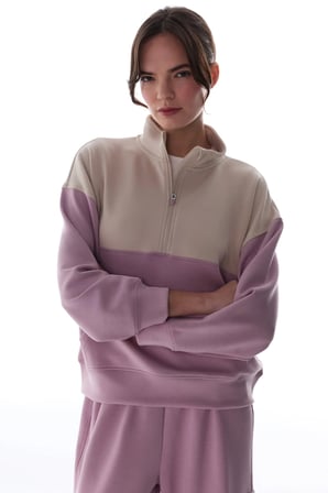 Pembe İpeksi Dokunuş Silky Feel Fermuar Yaka Kanguru Cepli Uzun Kollu Sweatshirt
