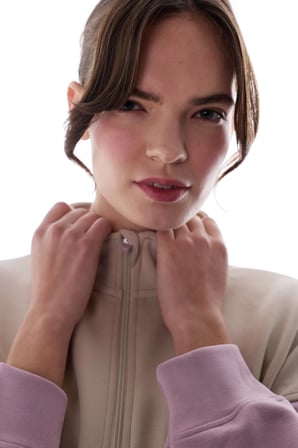 Pembe İpeksi Dokunuş Silky Feel Fermuar Yaka Kanguru Cepli Uzun Kollu Sweatshirt