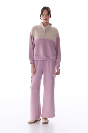 Pembe İpeksi Dokunuş Silky Feel Fermuar Yaka Kanguru Cepli Uzun Kollu Sweatshirt