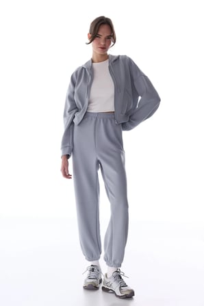 Gri İpeksi Dokunuş Silky Touch Fermuarlı Uzun Kollu Kapüşonlu Sweatshirt