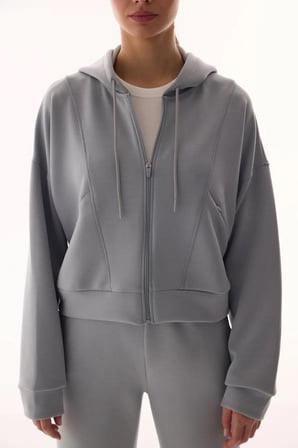 Gri İpeksi Dokunuş Silky Touch Fermuarlı Uzun Kollu Kapüşonlu Sweatshirt