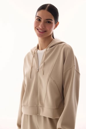 Bej İpeksi Dokunuş Silky Touch Fermuarlı Uzun Kollu Kapüşonlu Sweatshirt