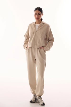 Bej İpeksi Dokunuş Silky Touch Fermuarlı Uzun Kollu Kapüşonlu Sweatshirt