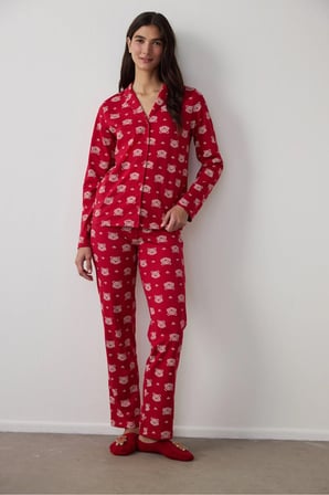 Kırmızı Ayı Desenli Gömlek Yaka Uzun Kollu Pamuklu Pijama Takımı