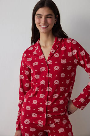 Kırmızı Ayı Desenli Gömlek Yaka Uzun Kollu Pamuklu Pijama Takımı