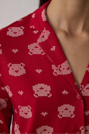 Kırmızı Ayı Desenli Gömlek Yaka Uzun Kollu Pamuklu Pijama Takımı