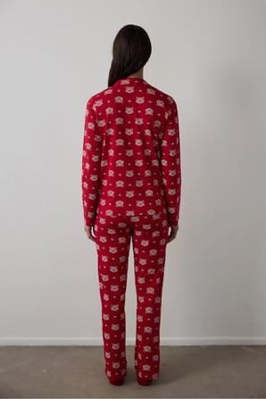 Kırmızı Ayı Desenli Gömlek Yaka Uzun Kollu Pamuklu Pijama Takımı