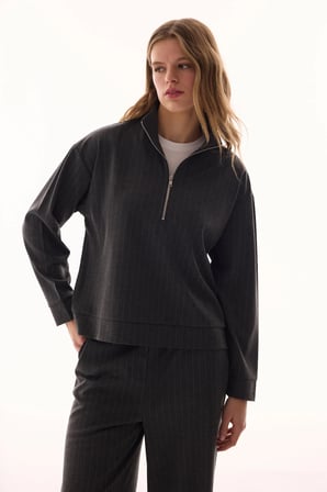 Antrasit Yarım Fermuarlı Çizgili Polo Yaka Sweatshirt