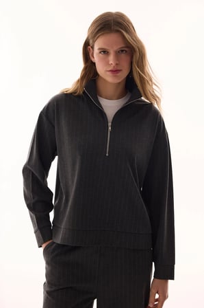 Antrasit Yarım Fermuarlı Çizgili Polo Yaka Sweatshirt