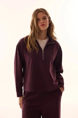 Bordo Yarım Fermuarlı Çizgili Polo Yaka Sweatshirt