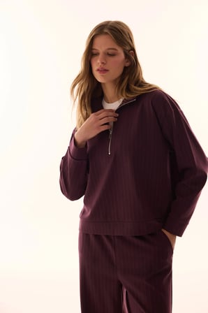 Bordo Yarım Fermuarlı Çizgili Polo Yaka Sweatshirt