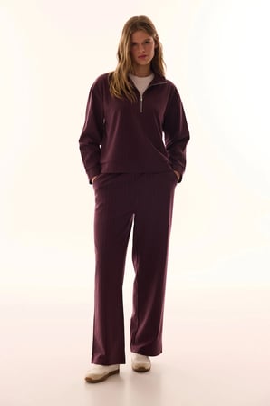 Bordo Yarım Fermuarlı Çizgili Polo Yaka Sweatshirt