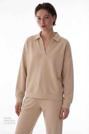 Bej Polo Yaka Modal Sweatshirt